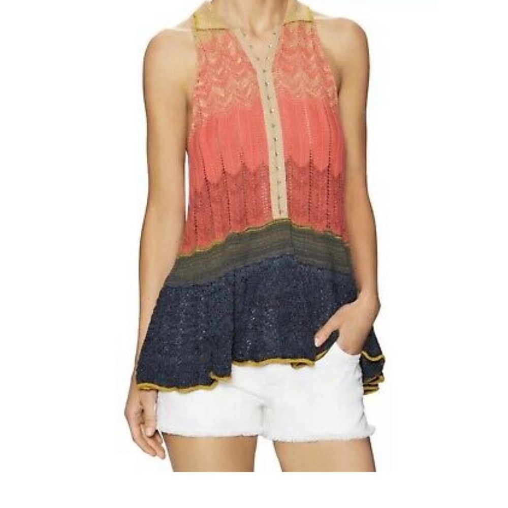 Free People Sleeveless Peplum Polo Knit Hi-Low Sweater Top Size Small